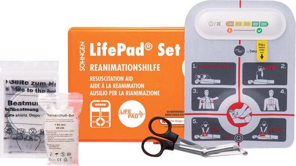 LifePad-Box, LifePad von Beurer, Beatmungstuch BT-DRY, Handschuh-Set 4 Stück Vinyl groß, Erste Hilfe-Schere 14,5 cm, Batterie (1 x CR2032), Bedienungsanleitung