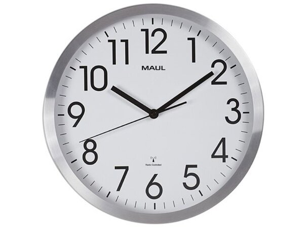 Wanduhr MAULmove, silber, Ø 30,5 cm, Funkuhr, Glaslinse, 3 Zeiger (Stunde, Minute, Sekunde), schwarze Ziffern und Zeiger auf weißem Grund, Ziffernhöhe 3,5 cm