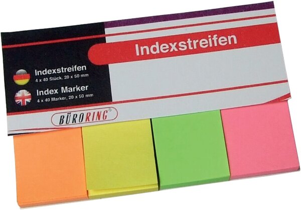 Haftstreifen, 20 x 50 mm, 4 x 40 Streifen, Papier, sortiert orange, gelb, grün, pink