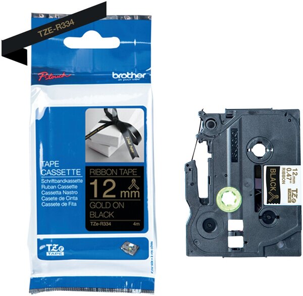 Schriftbandkassette, TZe-R334, 12 mm breit / 8 m lang, gold auf schwarz, nicht klebend, Textilband, nicht laminiert