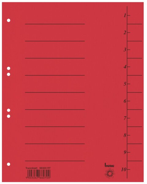 Trennblätter, DIN A4, vollfarbig, liniert, 210g/qm Intensiv-Karton, 50 Stück, rot