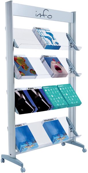 Prospektständer Mobile, mit Plexiglasablagen für 12 Prospekte, 167,8 x 72 x 38,5 cm, Anschlagkante 4 cm, alu