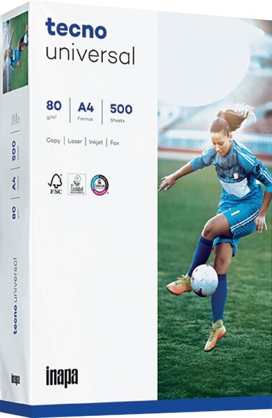 Kopierpapier tecno universal, DIN A4, 80g/qm, 2-fach gelocht, weiß, Weißegrad 153 CIE, Packung à 500 Blatt