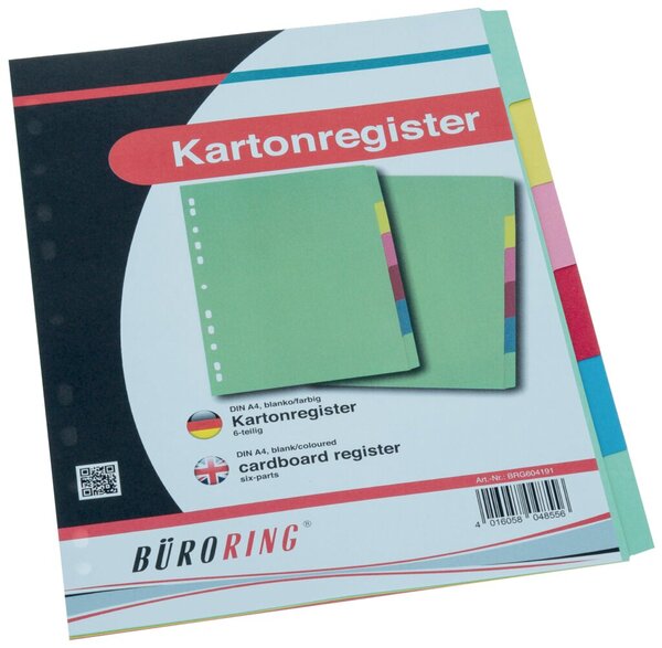 Kartonregister, DIN A4, 6-teilig, blanko, durchgefärbter Karton, 175g/qm, farbig, Universallochung