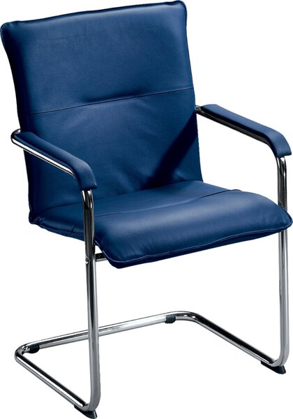 Besucherstuhl, blau, Freischwingergestell/Armlehnen verchromt, Rückenlehe/Sitz Echtleder gepolstert