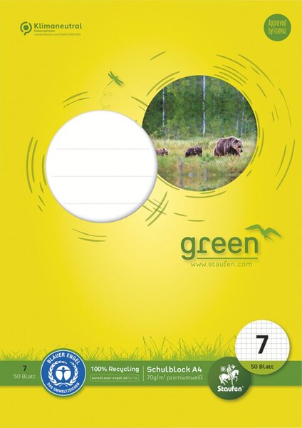 Green Schulblock, DIN A4, Lineatur 7, 50 Blatt, 70g/qm, 7 mm, kariert, 4-fach Lochung