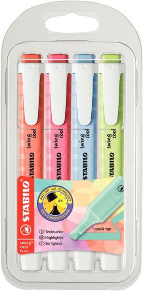 Textmarker swing cool, Keilspitze, Strichstärke 1 + 4 mm, mit Clip, sortiert pastell, Limette, Kirschblütenrosa, Wolkenblau, Korallrot, Etui, 4 Stück
