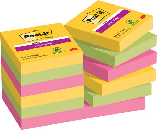 Haftnotiz Super Sticky Note, 47,6 x 47,6 mm, Carnival Collection ultragelb, limonengrün, powerpink, 90 Blatt/Block, 12 Blöcke