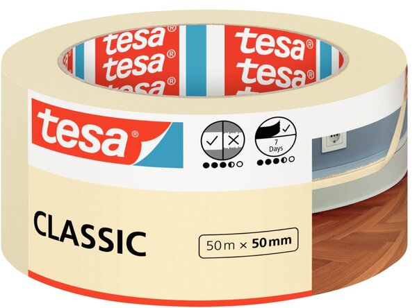 Kreppband, Malerband Classic, 50 m x 50 mm, lösungsmittelfrei, für alle Farbtypen geeignet