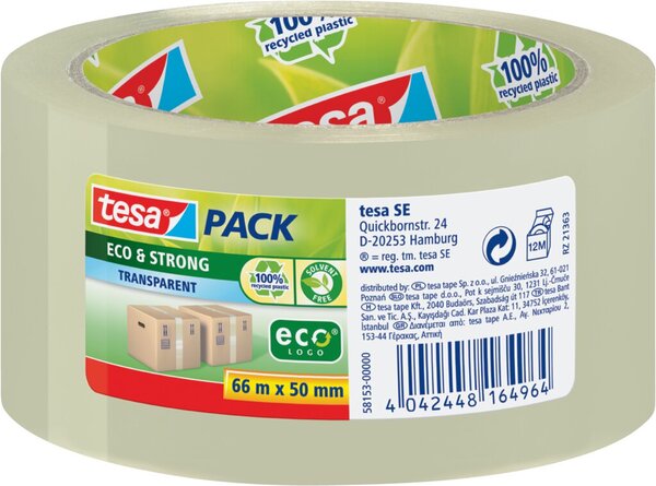 Packband tesapack® Eco & Strong, 50 mm x 66 m, transparent, PP-Folie, klebstark, Abrollgeräusche: leise