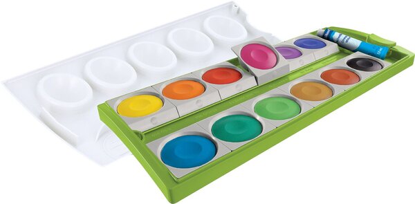 Deckfarbkasten K12, 12 Farben, Deckweiß, Mischtöpfe im abnehmbaren Deckel, grün