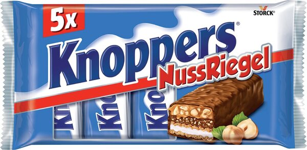 Knoppers NussRiegel, 5 x 40 g, 5 einzeln verpackte Waffelriegel mit Milch- und Nougatcreme, gehackten Haselnüssen und Karamell mit Überzug aus Vollmilchschokolade