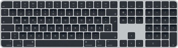 Tastatur Magic Keyboard mit Touch ID und Ziffernblock, flach, kabellos, Bluetooth, Multimediatasten, Lightning Anschluss, silber/schwarz