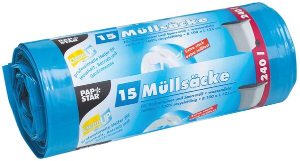 Abfallsäcke, 240 Liter, 60 my, LDPE-Folie (recycled), 1000 x 1250 mm, 1 Rolle à 15 Säcke