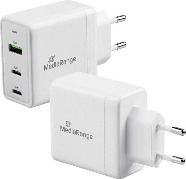 GaN Schnellladeadapter (Eurostecker), 65W, 2x USB-C und 1x USB-A, weiß