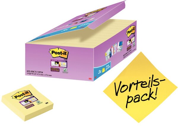 Haftnotiz Super Sticky Notes, 48 x 48 mm, gelb, 90 Blatt/Block, 24 Blöcke, PEFC zertifiziert