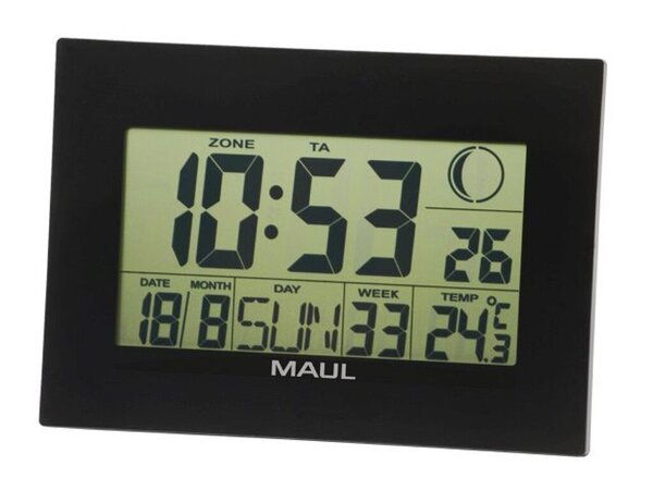 Tischuhr MAULflow, schwarz, 23x16 cm, LCD-Funkuhr, mit Uhrzeit, Wochentag, Temperatur Anzeige, und Alarmfunktion