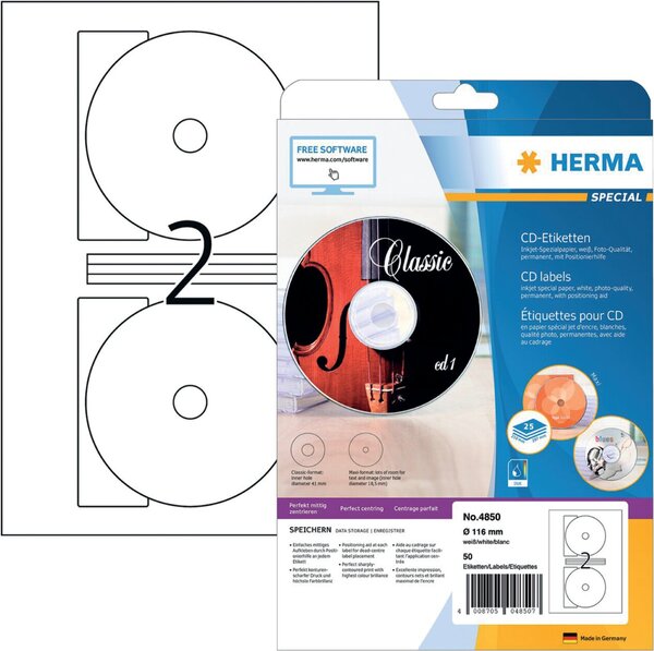 CD-Etiketten Ø 116 mm (Innenloch groß), weiß, 50 Etiketten, Papier (90g/qm), matt, permanent haftend, Inkjetdrucker, Packung à 25 Blatt