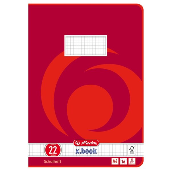Schulheft, DIN A4, Lineatur 22, 16 Blatt, 80g/qm, kariert, Motiv Wirbel rot