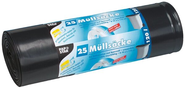 Abfallsäcke, 120 Liter, 60 my, schwarz, LDPE-Folie, 700 x 1100 mm, 1 Rolle à 25 Säcke