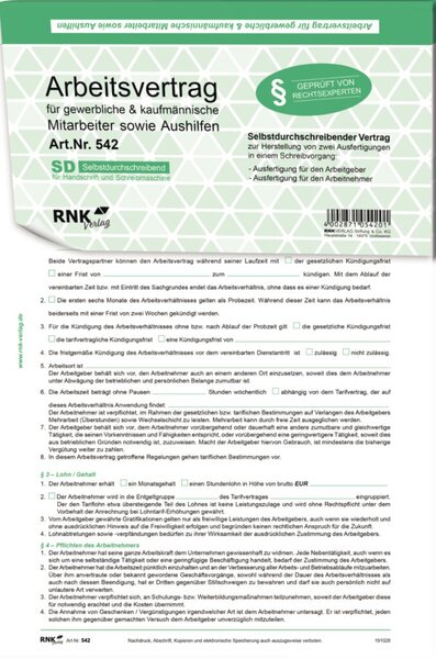 Arbeitsvertrag, DIN A4, 2 x 2 Blatt, selbstdurchschreibend, für gewerbliche Arbeitnehmer, 10 Stück