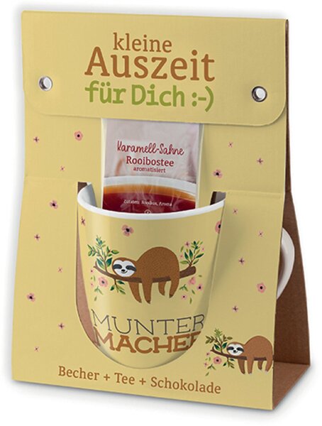 Porzellanbecher 250ml + 1 Teebeutel + Schokolade 40g, Motiv Faultier