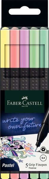 Feinschreiber Finepen GRIP, Strichstärke 0,4 mm, Schreibfarbe sortiert pastell, 5er Etui, sortiert, gelb, orange, pink, mintgrün, grün