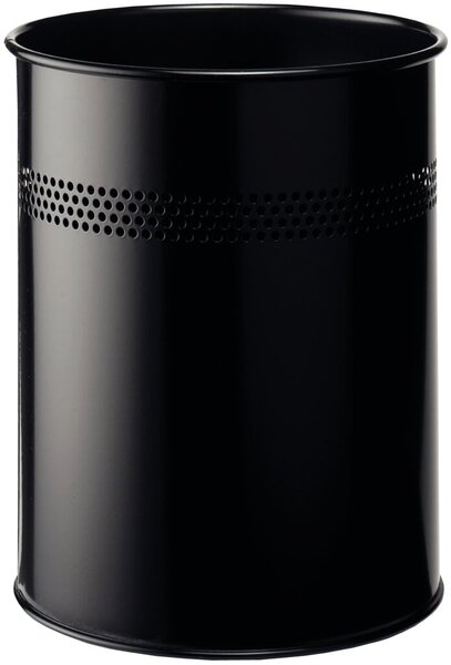 Papierkorb, schwarz, Metall, rund, 14,7 Liter, perforierte Streifen, Höhe 315 mm, Ø 260mm