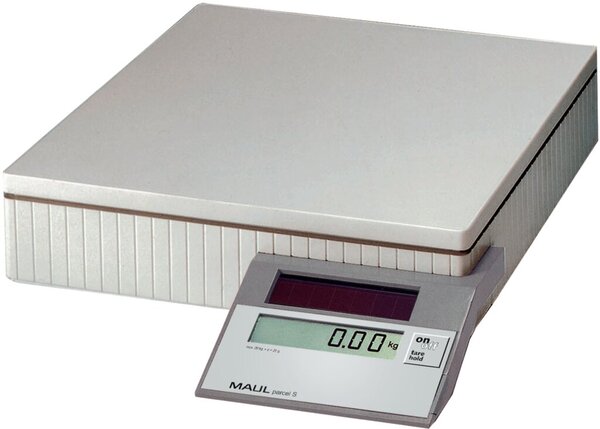 Solarpaketwaage MAULparcel S, grau, Tragkraft 50kg, Teilung 10g (0-20kg), danach 50g, Wiegefläche 30 x 30 cm, 7,6 x 30,4 x 39,9 cm