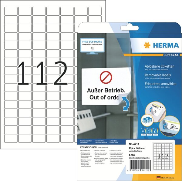Ablösbare Etiketten 25,4 x 16,9 mm, 2.800 Etiketten, matt, Packung mit 25 Blatt, weiß