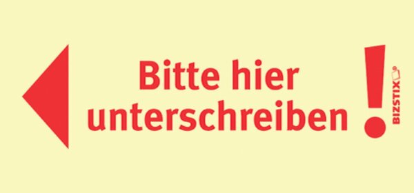 Haftnotizen gelb, 75 x 35 mm, "Bitte hier unterschreiben, Pfeil nach links", 100 Blatt pro Block