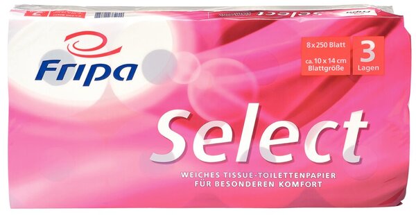 Toilettenpapier Select, 3-lagig, hochweiß, aus Zellstoff, 250 Blatt/Rolle, 8 Rollen/Packung