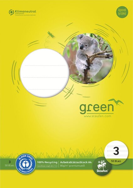 Green Arbeitsblätterblock 3, DIN A4, 50 Blatt, 80g/qm, 21 Doppellinien, 4-Loch