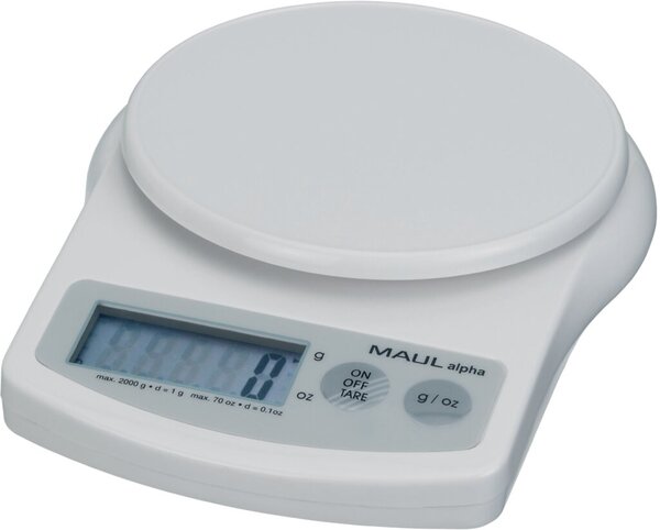 Briefwaage MAULalpha, weiß, Tragkraft 2000g, Teilung 1g, Wiegefläche Ø 12 cm, 3,6 x 13,7 x 18,8 cm
