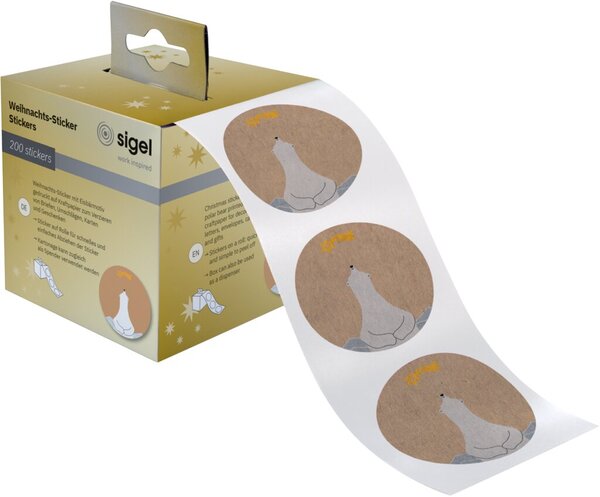 Weihnachts-Sticker, Polar bear with shooting star, 200 Sticker/Rolle, Ø 4,7 cm, in Spenderbox aus Karton