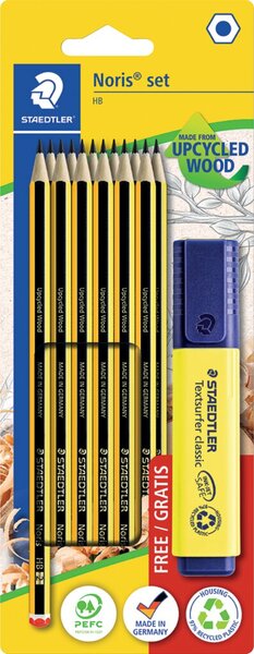 Bleistift Noris 120, Härtegrad HB, Strichstärke 2 mm, BK 100% PEFC, 12 Bleistifte, 1 Textsurfer gelb als Gratis-Zugabe
