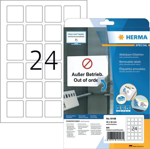 Etiketten, 40 x 40 mm, weiß, 600 Etiketten, ablösbar, 25 Blatt