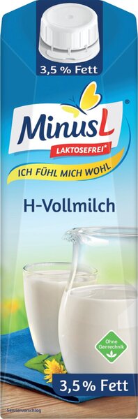 Minus-L H-Milch 1 Liter, 3,5% Fett, Schraubverschluss, laktosefrei, ultrahocherhitzt, homogenisiert, Karton à 10 x 1 Liter, 10 Flaschen