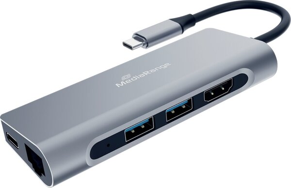 USB-C 1:7 Multiport Adapter, für 2x USB 3.2, 1x HDMI, Buchse für Netzwerkkabel usw, silber