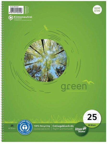 Green Collegeblock, DIN A4, liniert, 80 Blatt, mit Rand, 70g/qm, Lineatur 25