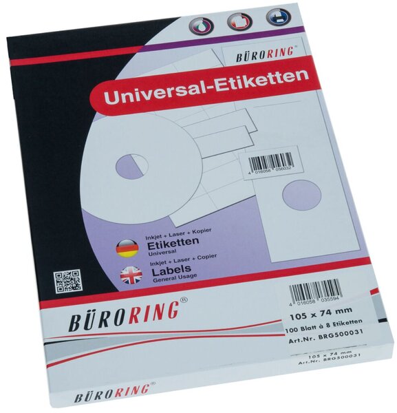 Etiketten, 105 x 74 mm, weiß, 800 Etiketten, lösungsmittelfrei, Inkjet-, Laserdrucker, Kopierer, 100 Blatt