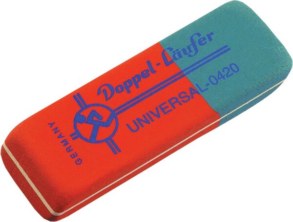 Radierer Doppel Universal 0420, für Bleistifte/Farbstifte/Tusch/Toner/Tinte/Kopierstifte, Kautschuk, 75 x 24 x 10 mm, rot/blau