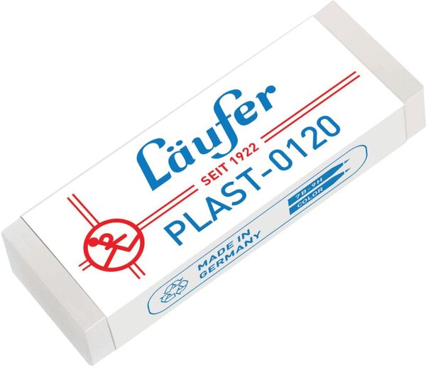Radierer Plast 0120, für Bleistifte/Farbstifte auf Papier, transluzenter Kunststoffradierer, 65 x 21 x 12 mm, Radierer milchig, Banderole weiß