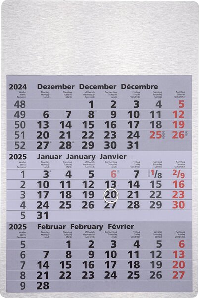 3-Monats-Wandkalender Metall, 3 Monate/1 Seite, 32 x 48 cm, Rückwand 2 mm