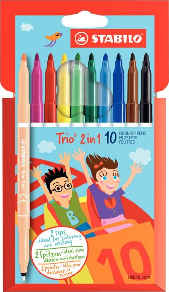 Fineliner/Filzschreiber 2-in-1, Doppelspitze, Strichstärke 0,5/2 mm, Schreibfarbe sortiert, Kartonetui, 10 Stück