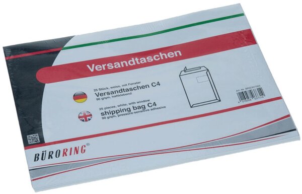 Versandtasche DIN C4, mit Fenster, haftklebend, 90g/qm, weiß, 25 Stück