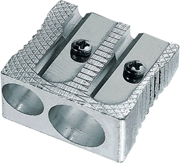 Bleistiftanspitzer, Keilform, 2-Loch, Ø 8 mm + 11 mm, Spitzform spitz-lang/stumpf-kurz, Metall-Spitzer, für Bleistifte/Farbstifte