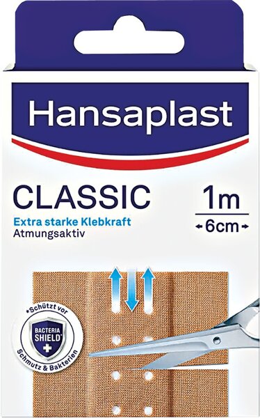 Hansaplast, starres Wundpflaster, hautfarbenes Viskosegewebe, luftdurchlässig. 1 m x 6 cm
