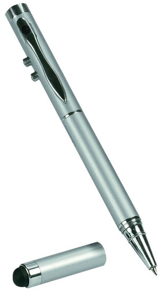 Laserpointer 4-in-1 mit Touch-Pen-Spitze, mit integriertem Kugelschreiber, im Etui, mit Clip, inkl. 3 Knopfzellen, silber