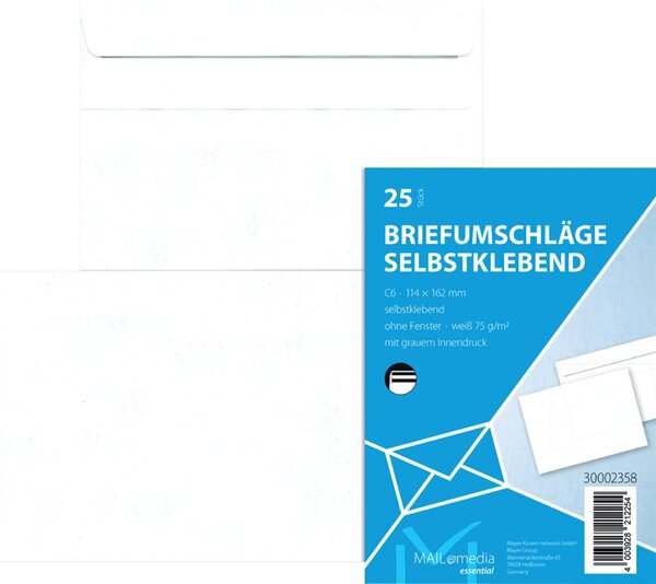 Briefumschlag DIN C6, ohne Fenster, gummiert, weiß, 75g/qm, 25 Stück